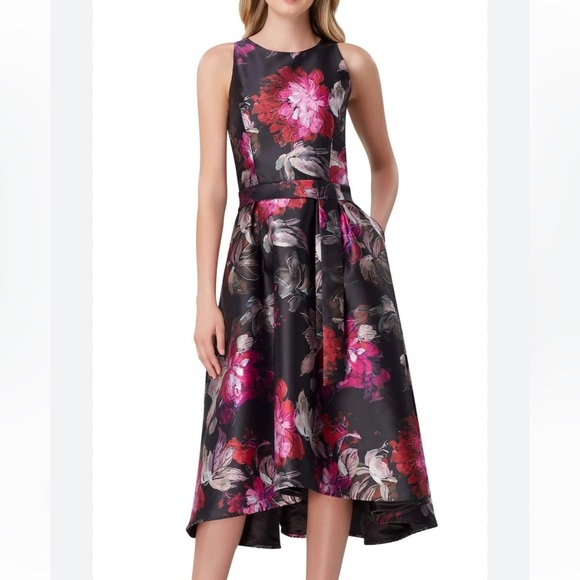 TAHARI ASL Women’s Floral Jacquard Fit and Flare Dress size 4 black pink Party - Picture 1 of 14